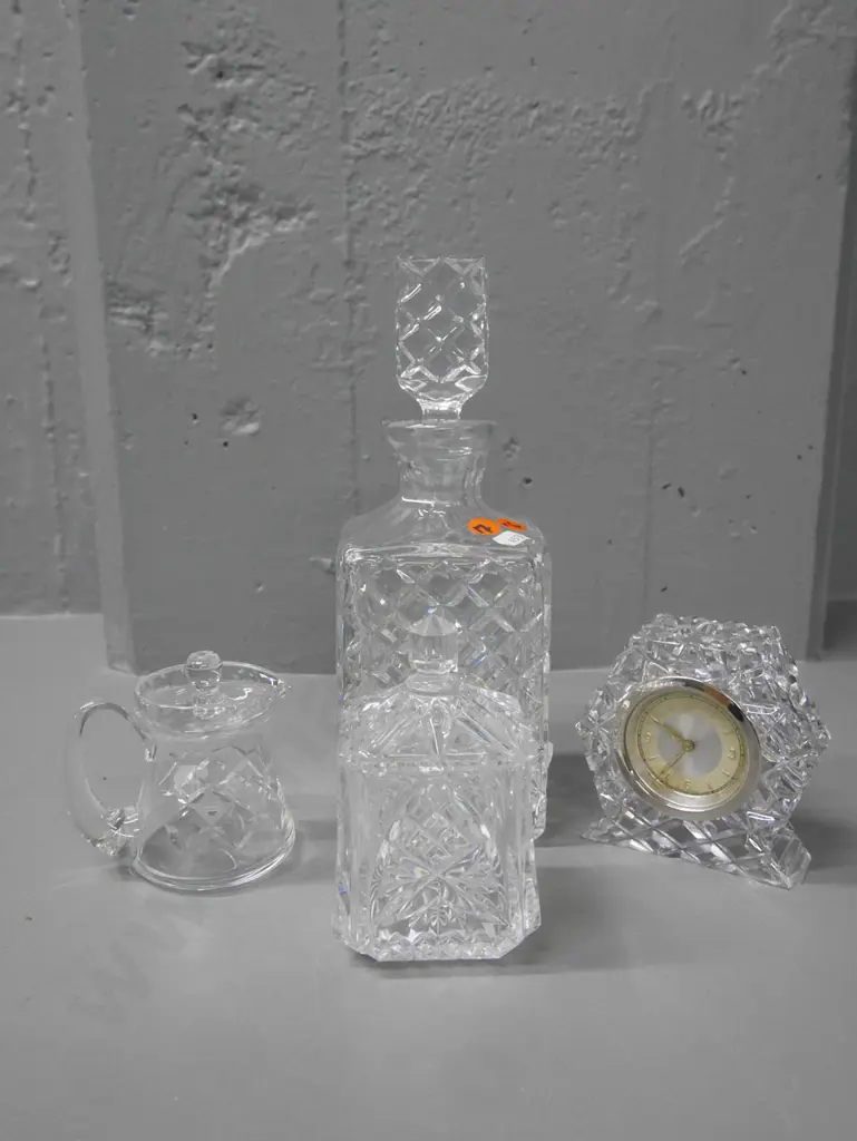 crystal decanter, jug, honey pot, bedside clock Decanter H-260 (chip to decanter rim) Image 1++