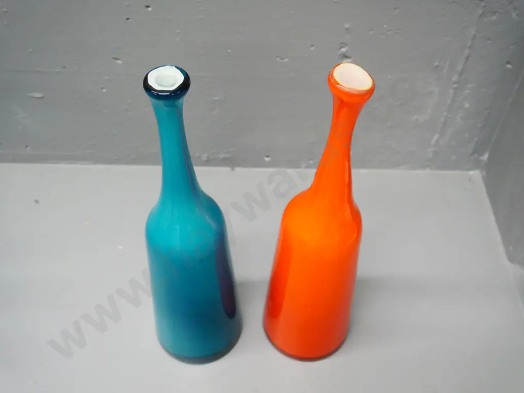two elongated bottle shaped art glass vases H-360 Image 1++