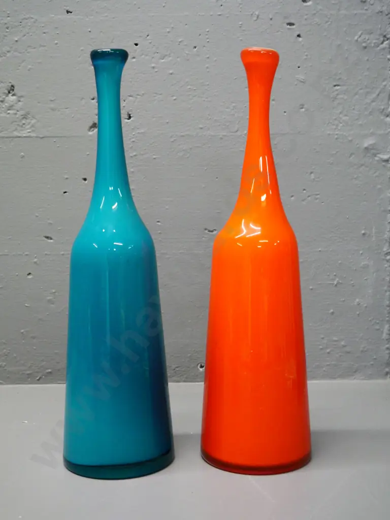 two elongated bottle shaped art glass vases H-360 Image 1++