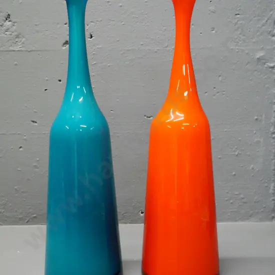 two elongated bottle shaped art glass vases H-360