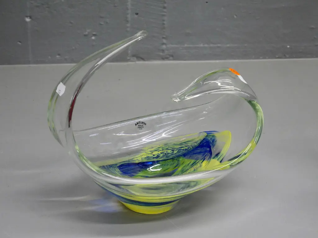 Hokitika Glass Studio boat-shaped art glass bowl - multi-colour and clear H-210 L-230 Image 1++