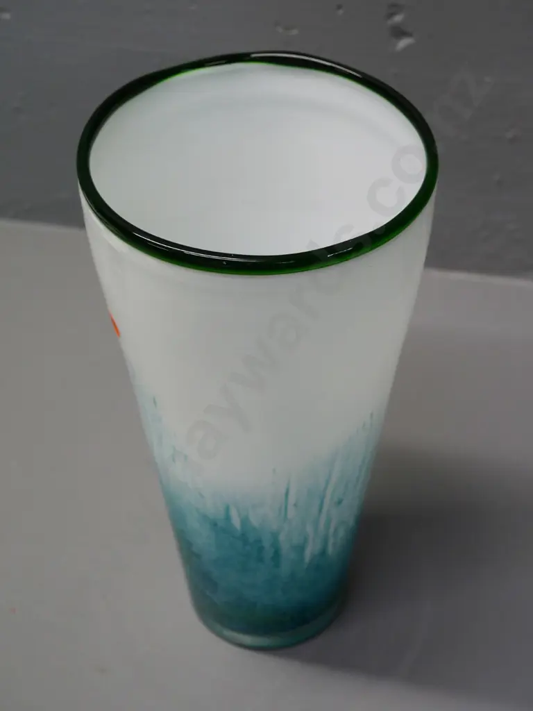 art glass vase - teal blue, green and white H-310 Diameter 155 at top Image 1++