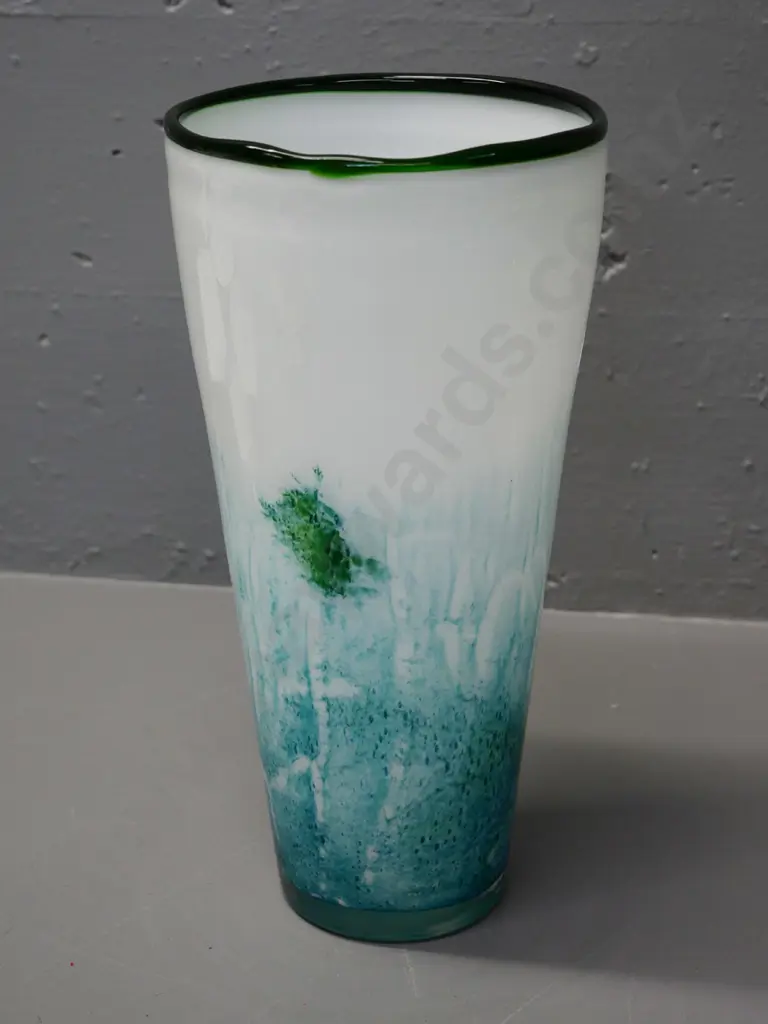 art glass vase - teal blue, green and white H-310 Diameter 155 at top Image 1++