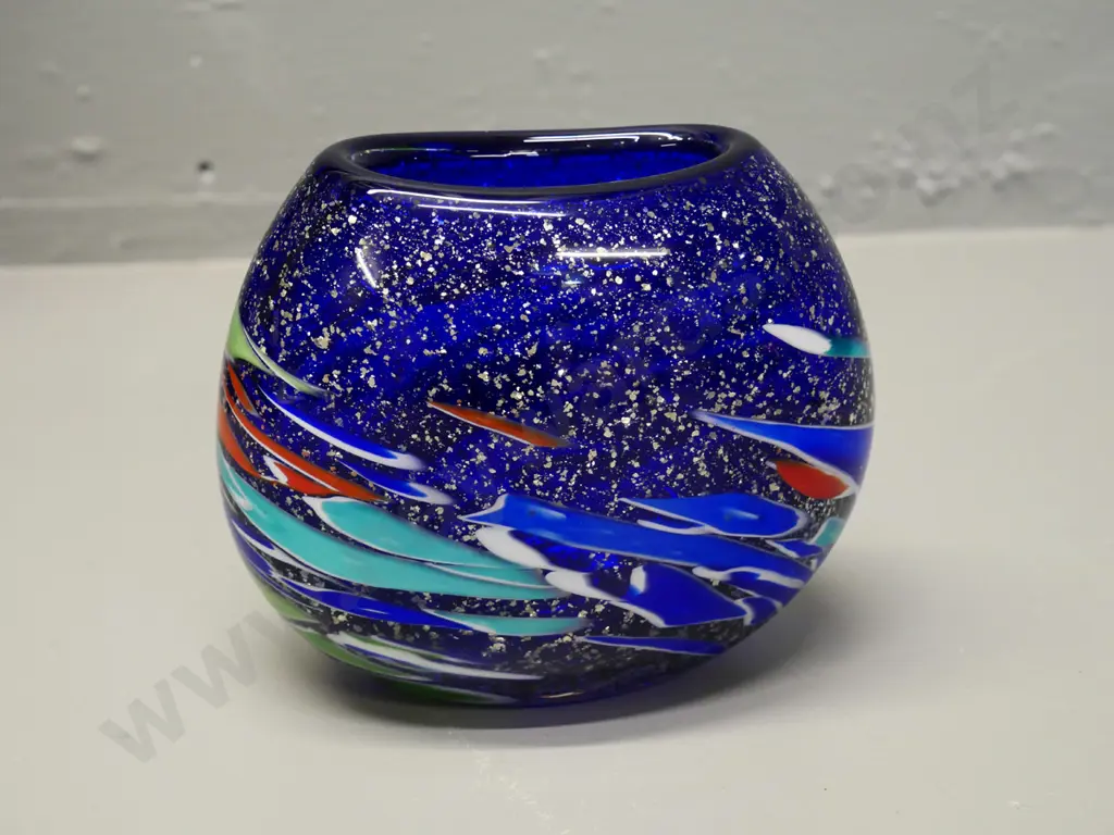Otaru Glass Studio Japanese art glass vase - glitter and multi-colour streak design H-120 W-140 Image 1++