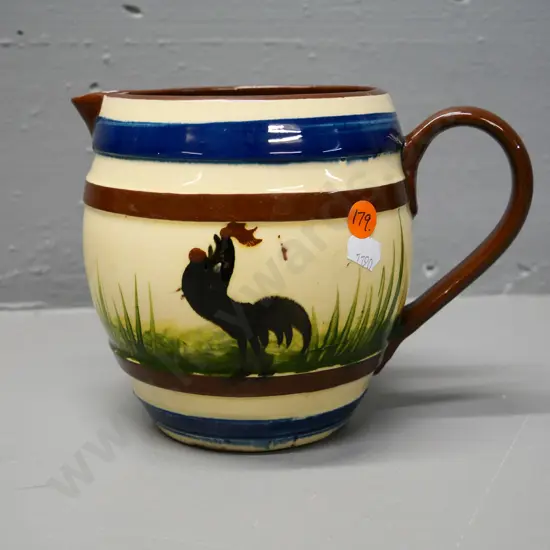 large Torquay ware cockerel motif jug - glaze fault to spout H-145