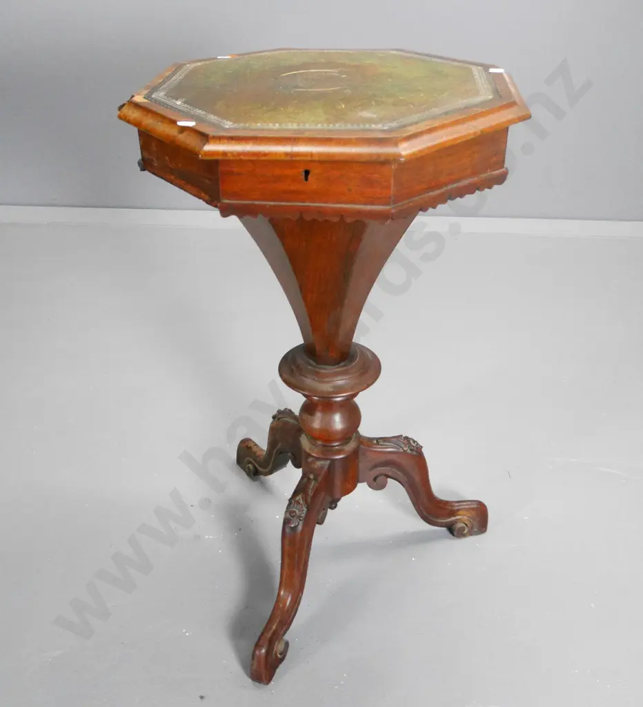 antique walnut pedestal base sewing table w/leather inset top - restorer's condition,missing veneer & beading H750 Image 1++