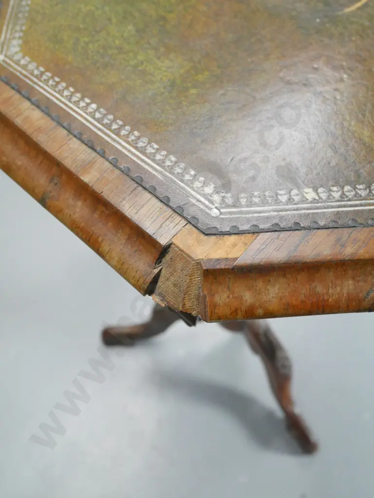 antique walnut pedestal base sewing table w/leather inset top - restorer's condition,missing veneer & beading H750 Image 1++
