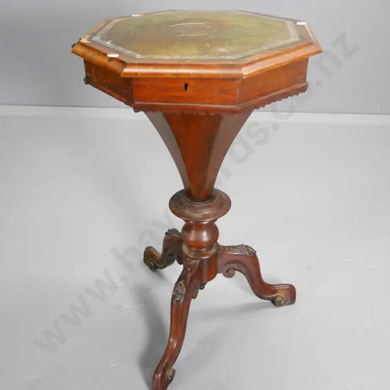 antique walnut pedestal base sewing table w/leather inset top - restorer's condition,missing veneer & beading H750