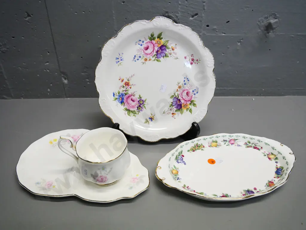 3 bone china items - Royal Albert Covent Garden dish, Old Foley floral plate (crazing) & tennis set made in Taiwan Image 1++