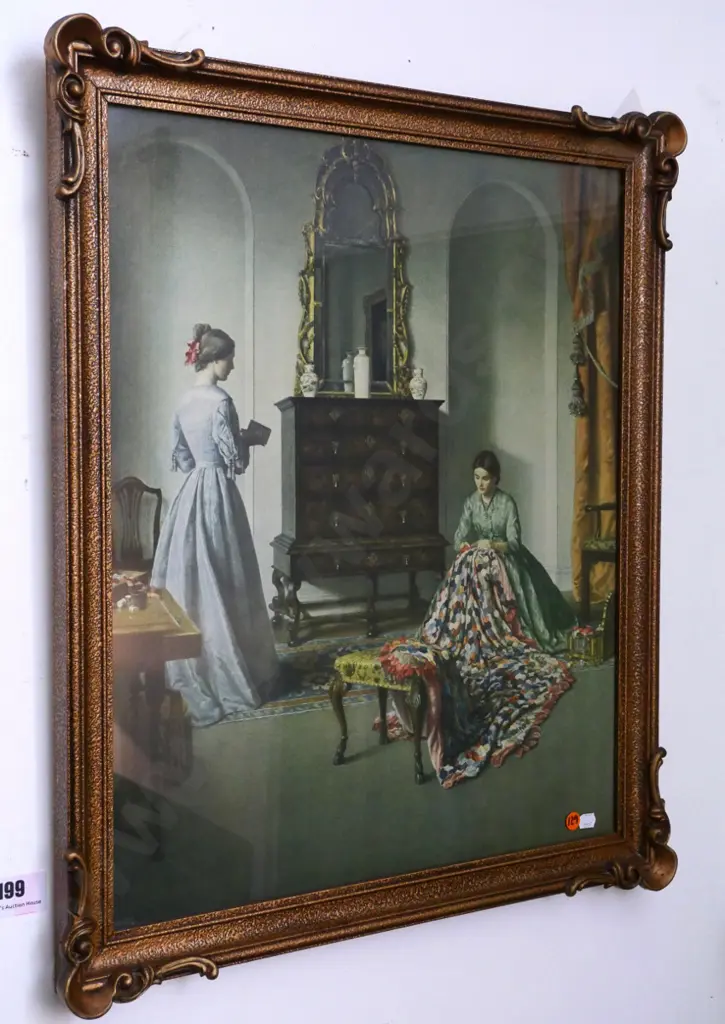 gilt framed print - "2 Women quilting & reading " H-515 W-430 Image 1++