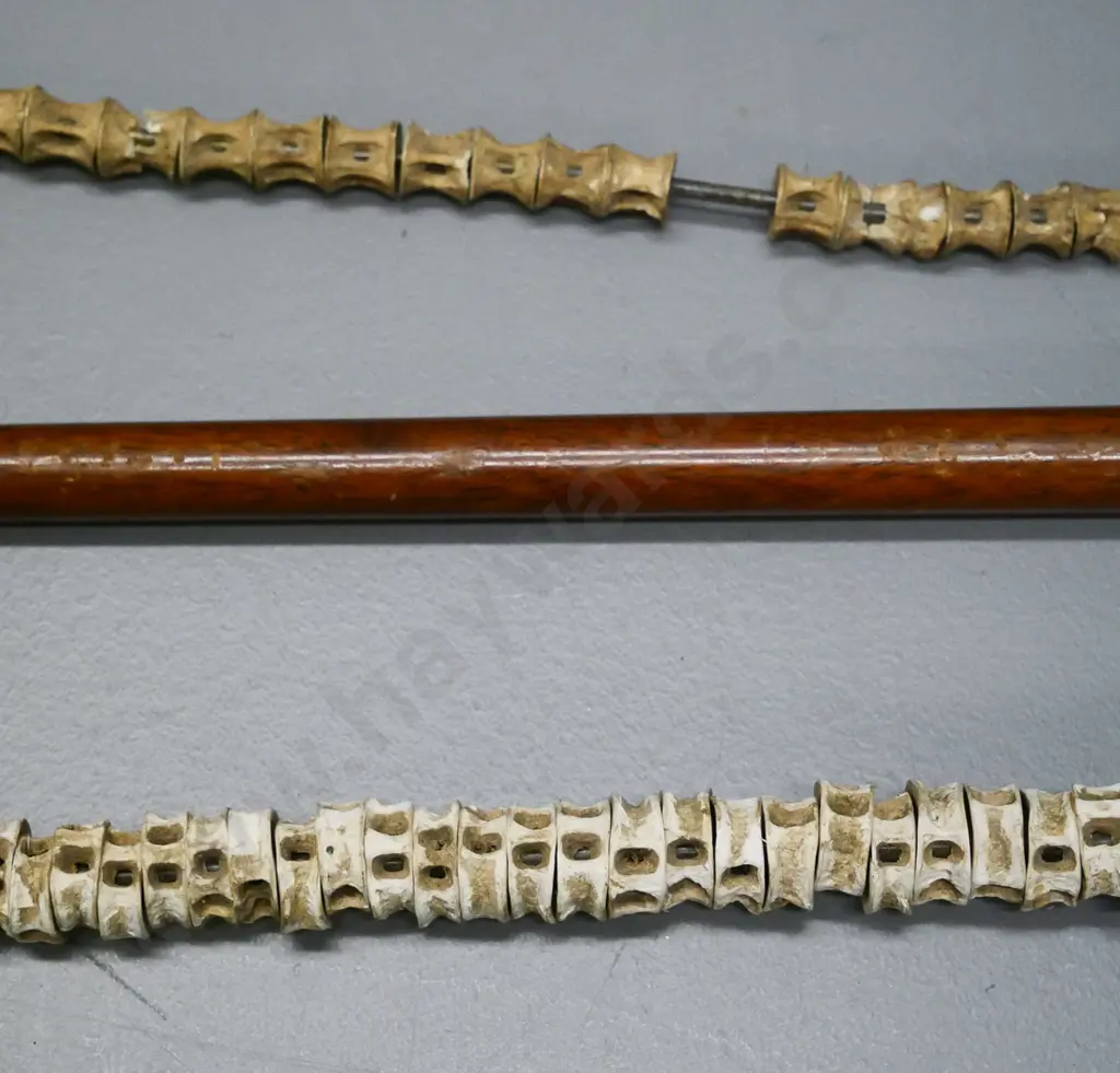 3 walking sticks - one horn-handled, two metal and timber with (shark?) vertebrae, one in restorer's condition Image 1++