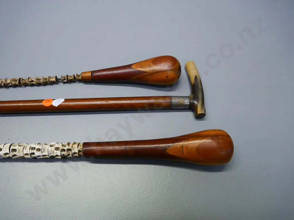 3 walking sticks - one horn-handled, two metal and timber with (shark?) vertebrae, one in restorer's condition Image 1++