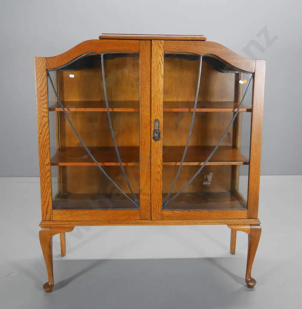 deco oak cab-leg china cabinet - 2 leadlight doors, metal drop handles H1090 W930 D360 Image 1++