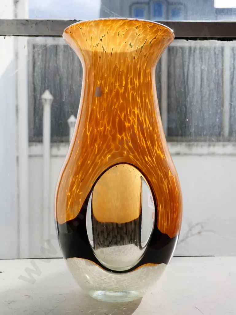 art glass vase - mottled orange and cream with clear oval lozenges H-340 Image 1++