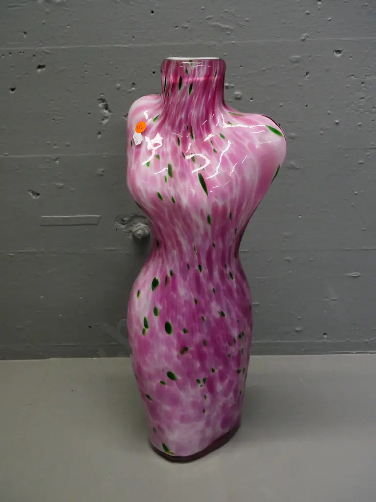 heavy art glass woman's torso shaped vase - pink with green flecks H-450 W-190 Image 1++