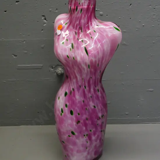 heavy art glass woman's torso shaped vase - pink with green flecks H-450 W-190