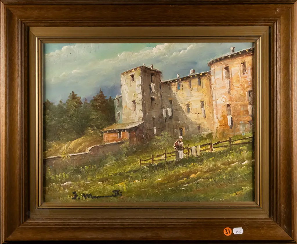 illegible signature- framed oil -women hanging washing over fence- H-270 W-360 Image 1++