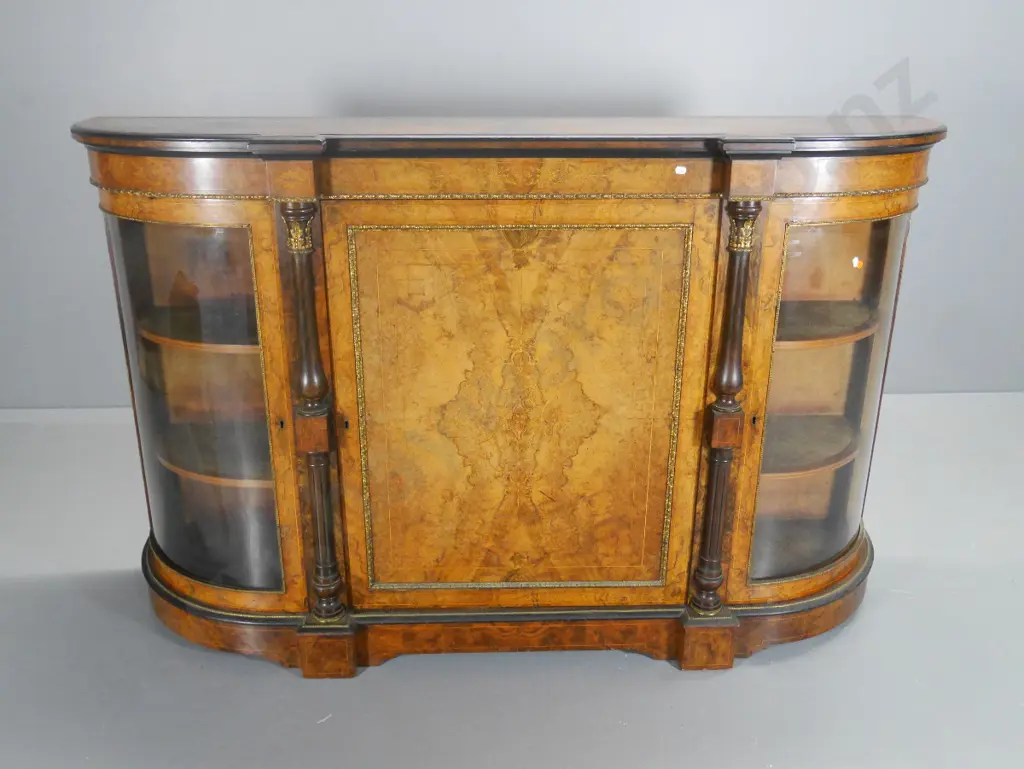 antique burr walnut credenza w/curved end doors, brass decoration and beading (some loose) marks to top H1040 W1630 D430 Image 1++