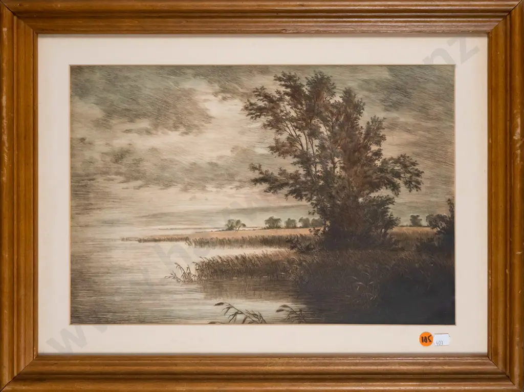 framed etching - lakeside scene  H-260 W-400 Image 1++