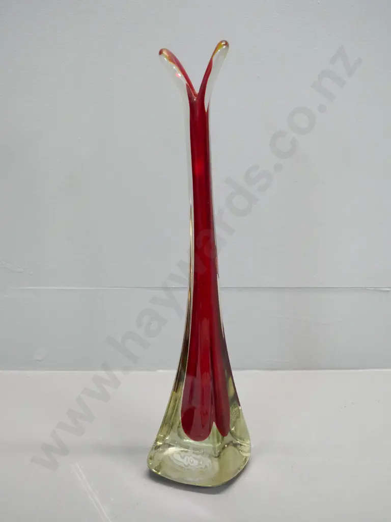 heavy clear base red stem art glass vase H-420 Image 1++