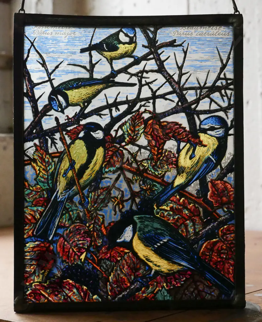 hand painted window hanging birds on glass in leaded frame H-185 W-145 Image 1++