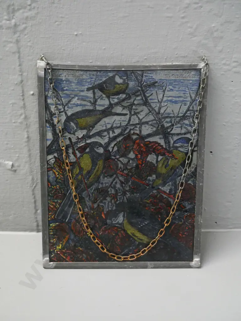 hand painted window hanging birds on glass in leaded frame H-185 W-145 Image 1++
