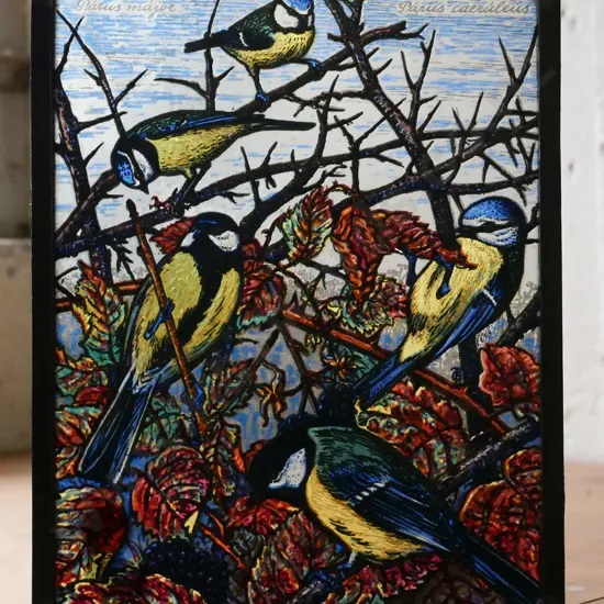 hand painted window hanging birds on glass in leaded frame H-185 W-145