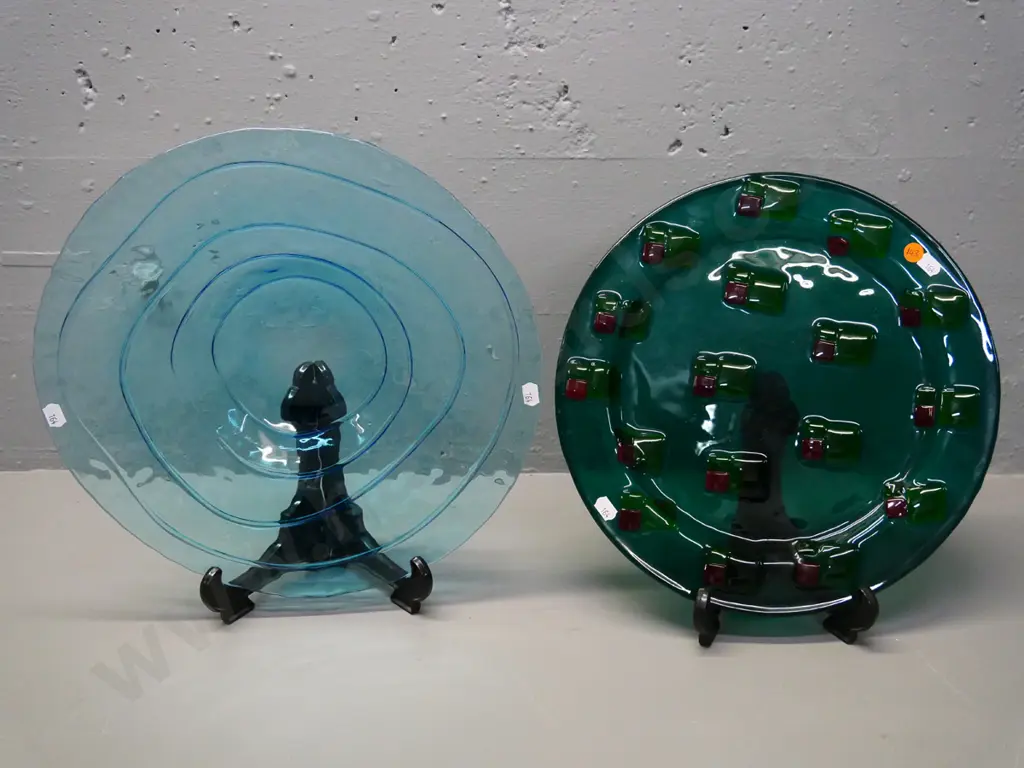 2 art glass items - turquoise shallow bowl D-350 and green geometric pattern display plate and Image 1++