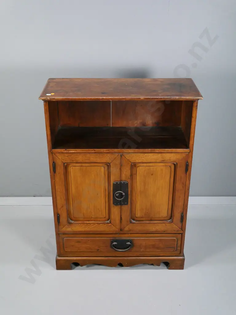 antique Korean walnut cabinet with open shelf, 2 doors, 1 drawer, cast metal drop handles - split to shelf H890 W635 Image 1++