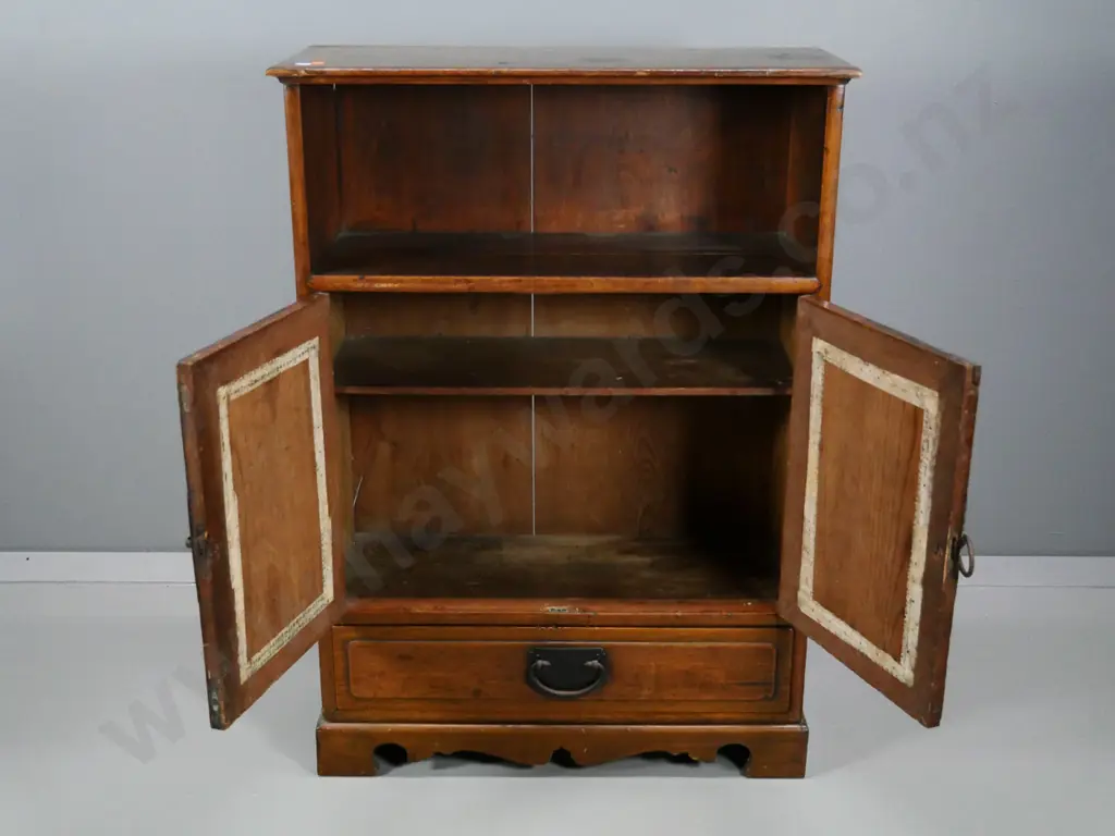 antique Korean walnut cabinet with open shelf, 2 doors, 1 drawer, cast metal drop handles - split to shelf H890 W635 Image 1++