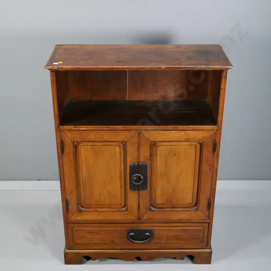antique Korean walnut cabinet with open shelf, 2 doors, 1 drawer, cast metal drop handles - split to shelf H890 W635