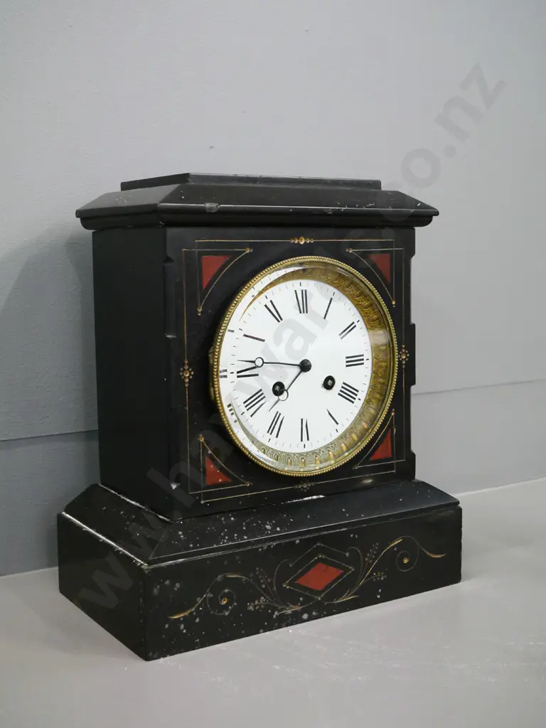 restorer's mantel clock in etched and inlaid black marble case, with key - base loose H-310 W-260 D-160 (not working) Image 1++