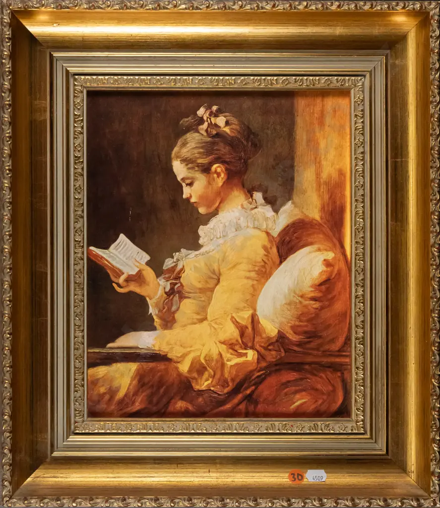 gilt framed oil- woman reading book H-280 W-225 Image 1++