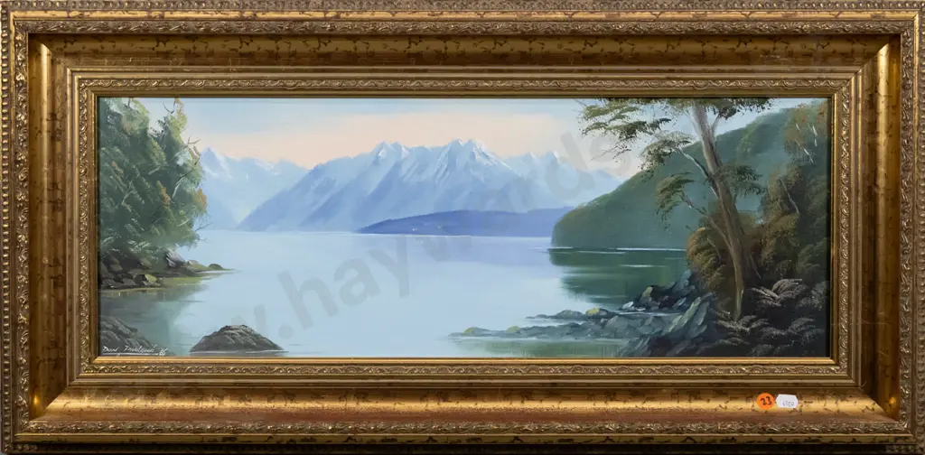 Don Parlane '85 - framed oil - lake and mountain scene H-210 W-590 Image 1++