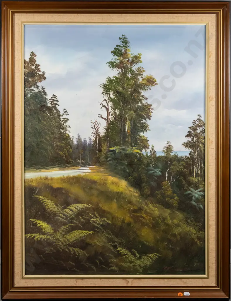 M Finnerty - framed oil - "Near Fox Glacier" H-740 W-540 (slight water staining to frame) Image 1++