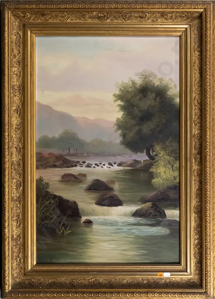 HW - gilt framed colonial oil - man fishing in river H-580 W-370 Image 1++