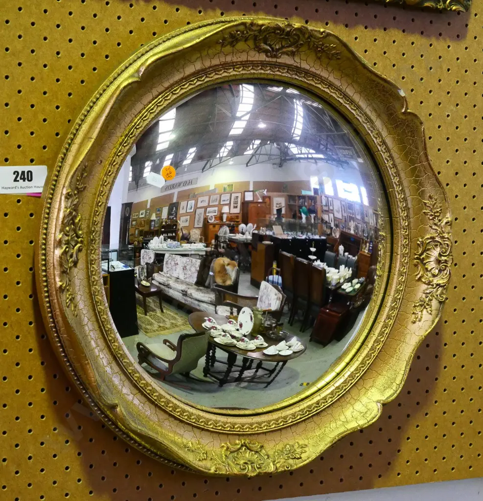 Atsonia England convex wall mirror in ornate gilt finish timber frame - chip to frame D-465 Image 1++