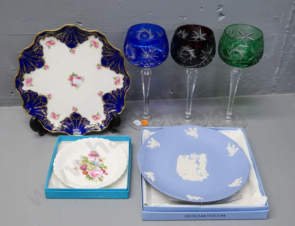 3 stemmed cut crystal glasses (chip to green glass), Doulton plate, Wedgwood Jasperware 1999 Christmas, Coalport dish Image 1++