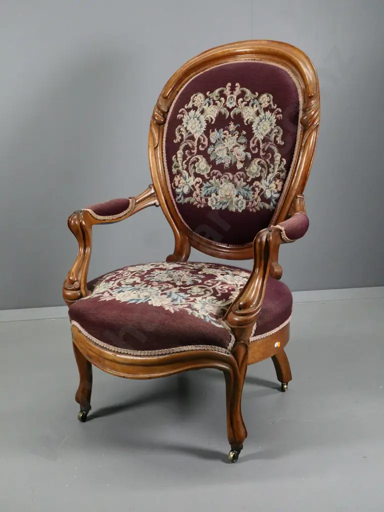 Victorian walnut carved-frame armchair with hand-worked tapestry seat and back, on metal casters H1070 W670 D650 Image 1++