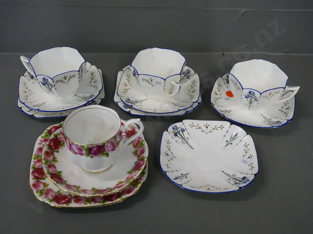 Shelley items - 2 trios, cup &saucer, spare saucer - and a Royal Albert Old English Rose trio Image 1++
