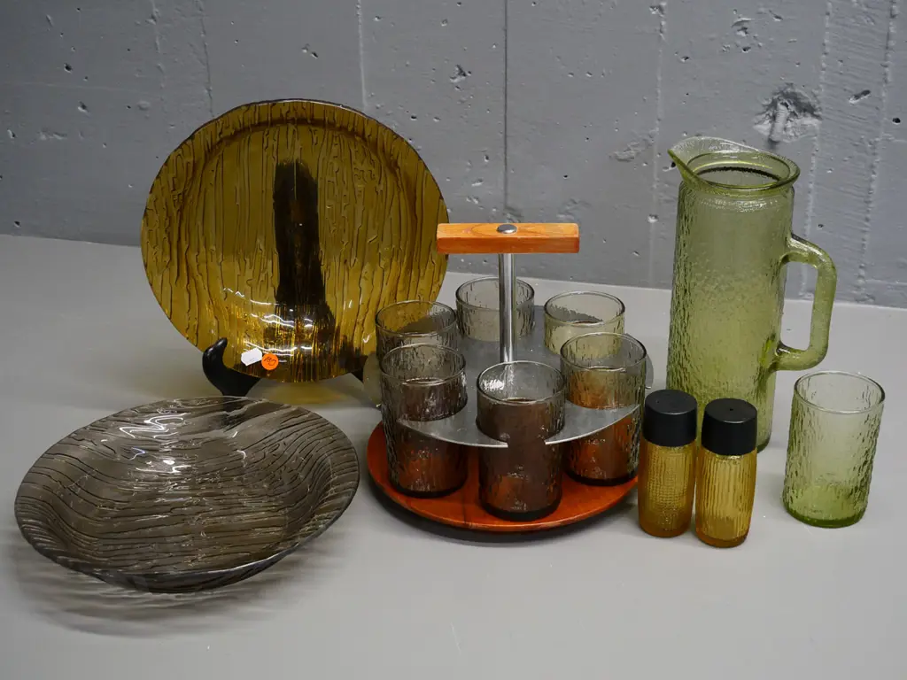 mid-century figured glassware - tumbler set with wood and metal stand, jug and spare glass, bowl (chip), salt & pepper Image 1++