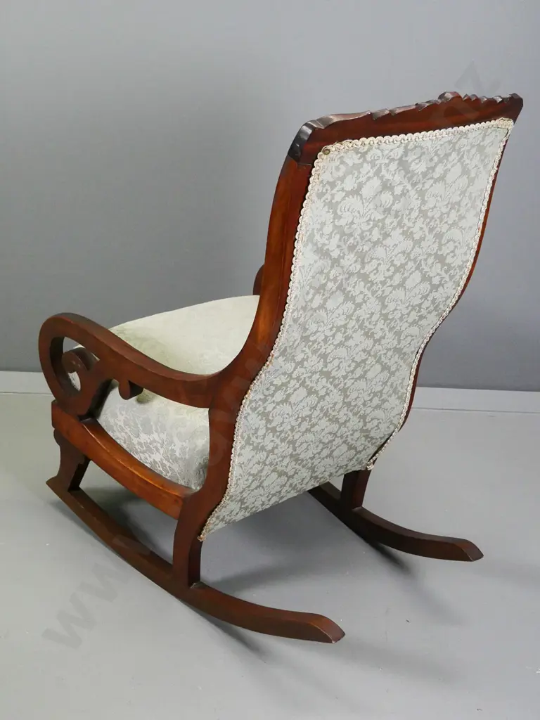 vintage mahogany rocking nursing chair with carved top, sage green damask upholstery H900 W510 D700 Image 1++