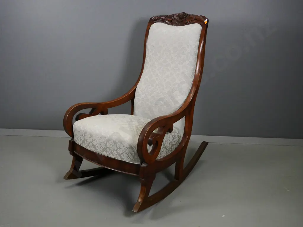 vintage mahogany rocking nursing chair with carved top, sage green damask upholstery H900 W510 D700 Image 1++