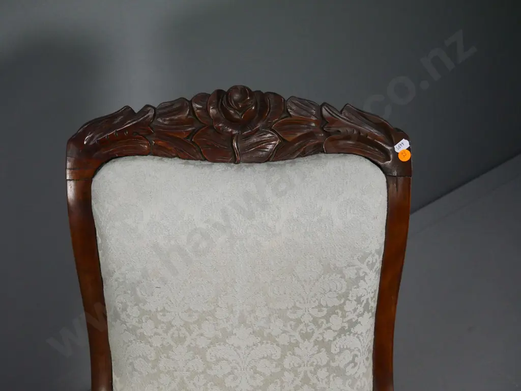 vintage mahogany rocking nursing chair with carved top, sage green damask upholstery H900 W510 D700 Image 1++