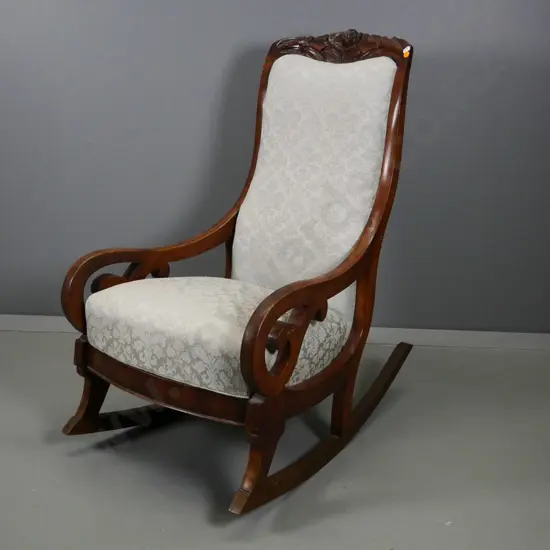 vintage mahogany rocking nursing chair with carved top, sage green damask upholstery H900 W510 D700
