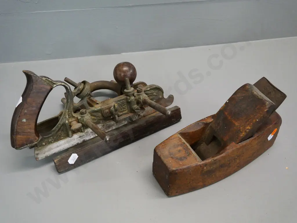 2 vintage woodworking tools - Stanley No. 45 combination plane and small wooden hand plane Image 1++