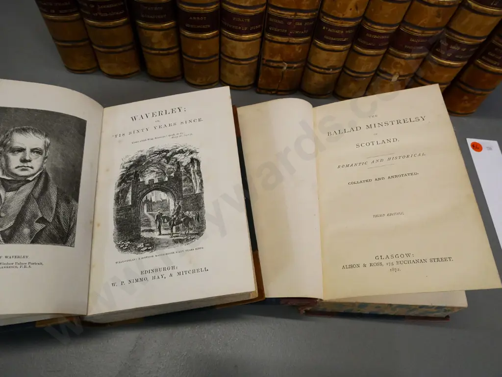 12 leather bound volumes Sir Walter Scott's Waverley novels (missing vol.2) & 1872 'Ballad Minstrelsy' - some wear Image 1++