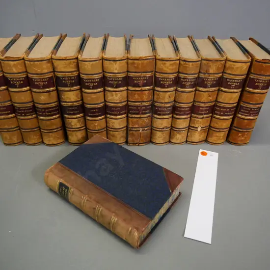12 leather bound volumes Sir Walter Scott's Waverley novels (missing vol.2) & 1872 'Ballad Minstrelsy' - some wear