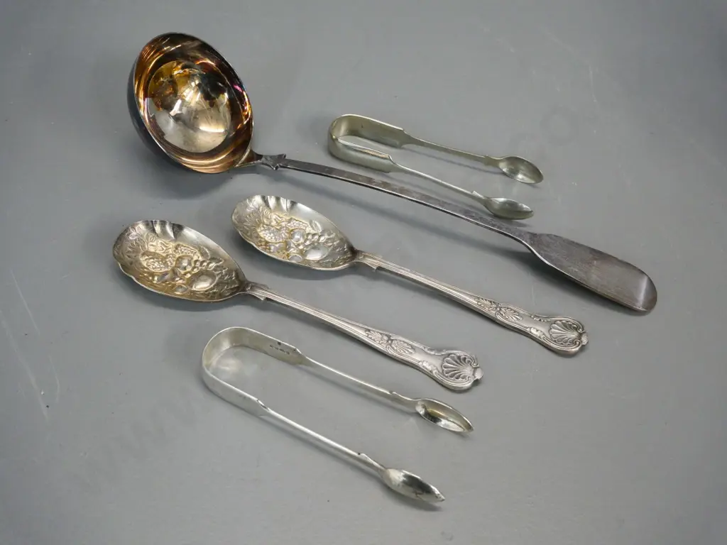sterling silver sugar tongs and assorted plated items - large ladle, 2 berry spoons, sugar tongs Image 1++