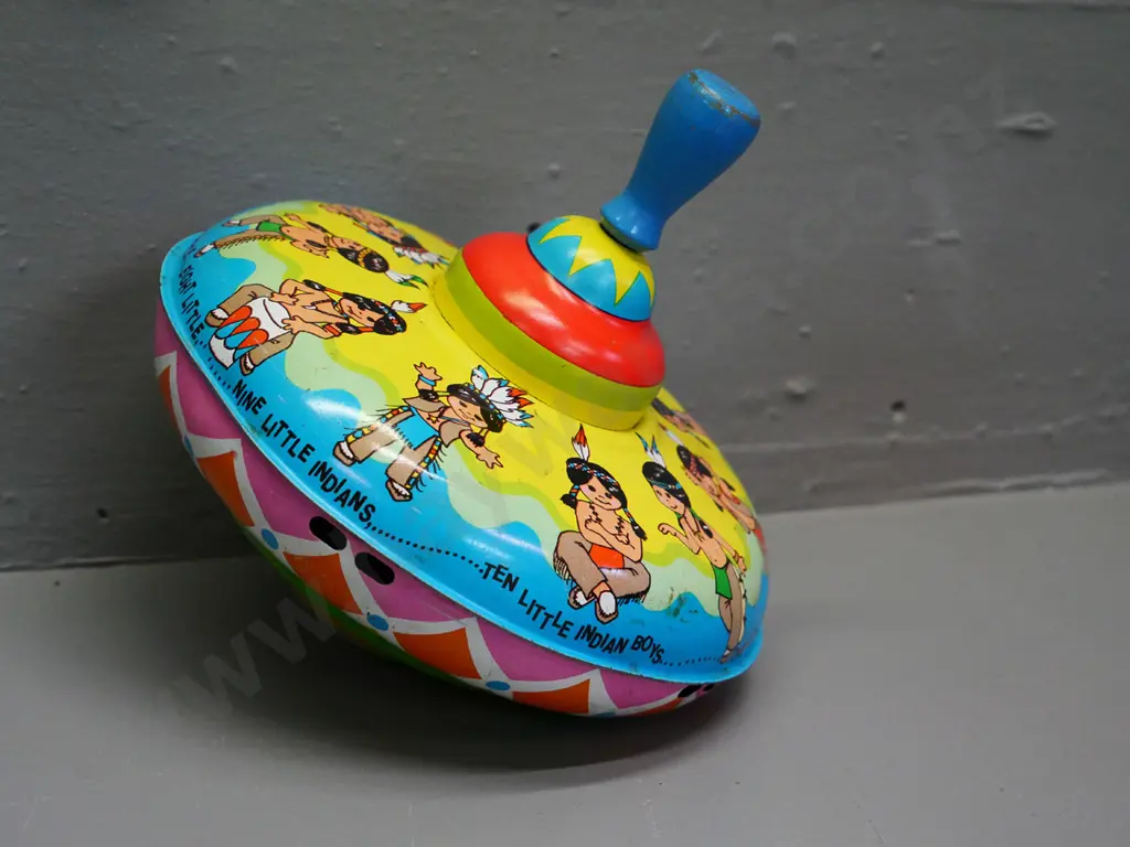 tin toy spinning top with wooden  handle - marked 'Ohio Art' - diameter 170 Image 1++